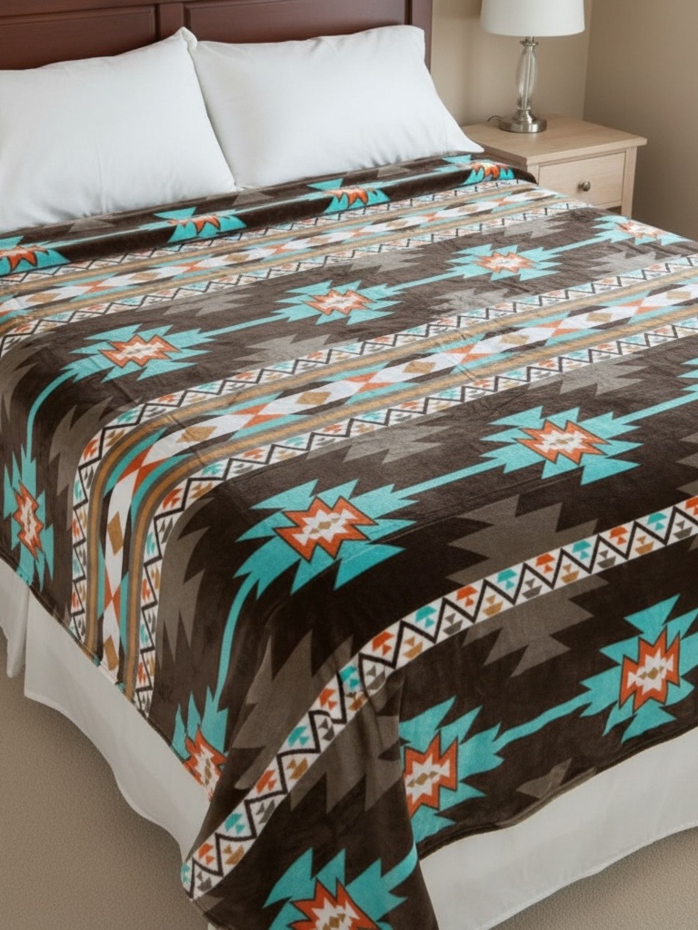 Queen Southwest tribal Aztec Geometric Plush fleece Blanket - Turquoise & Brown
